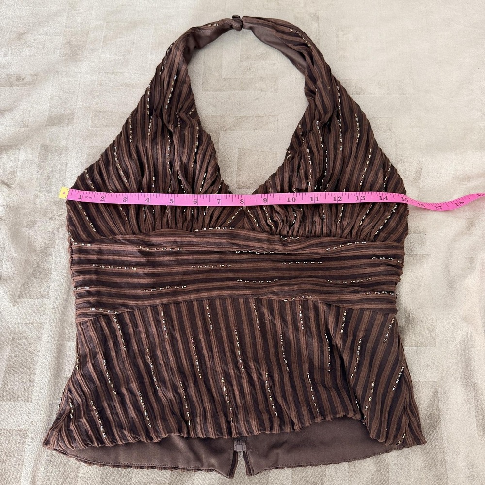 VTG Y2K Cache Top 8 Brown Beaded Halter Camisole Ottoman Stripe Party Blouse - Picture 15 of 16